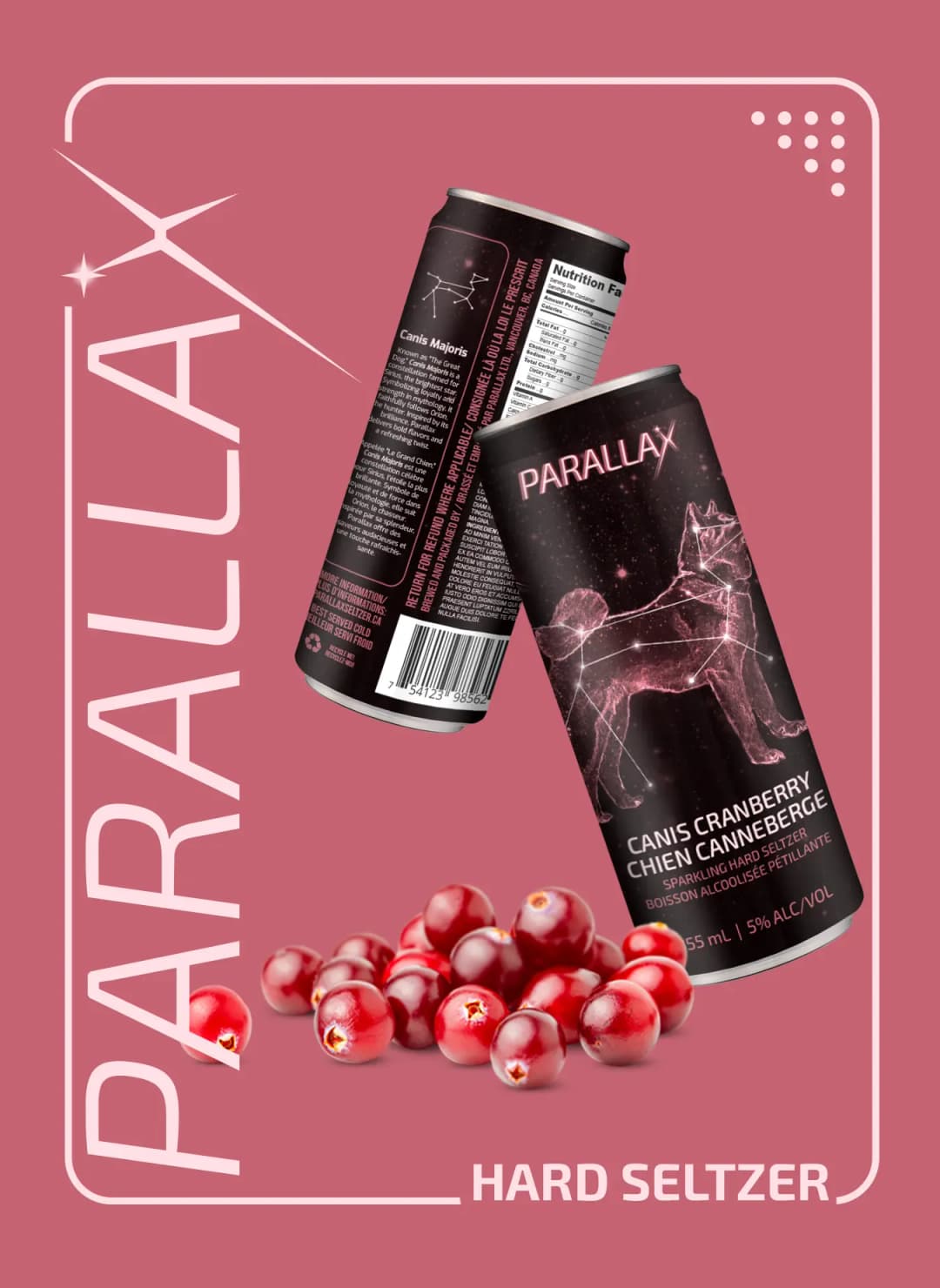 Poster of can mockup, pink background with cranberries and two cans