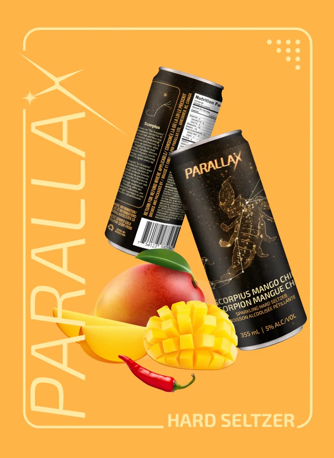 Poster of can mockup, yellow orange background with mangoes, chili, and two cans