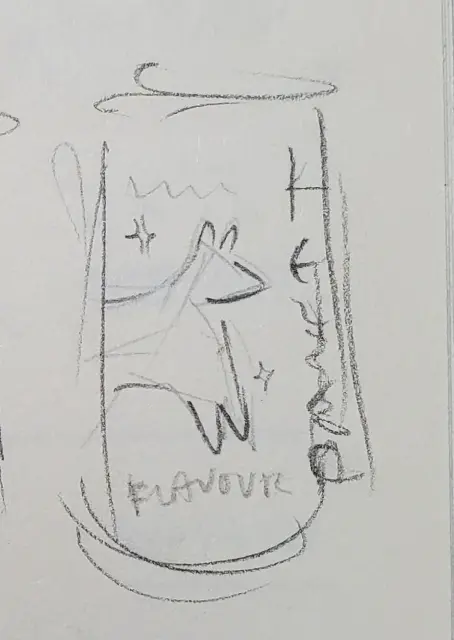 initial sketches of can design; dog with stars
