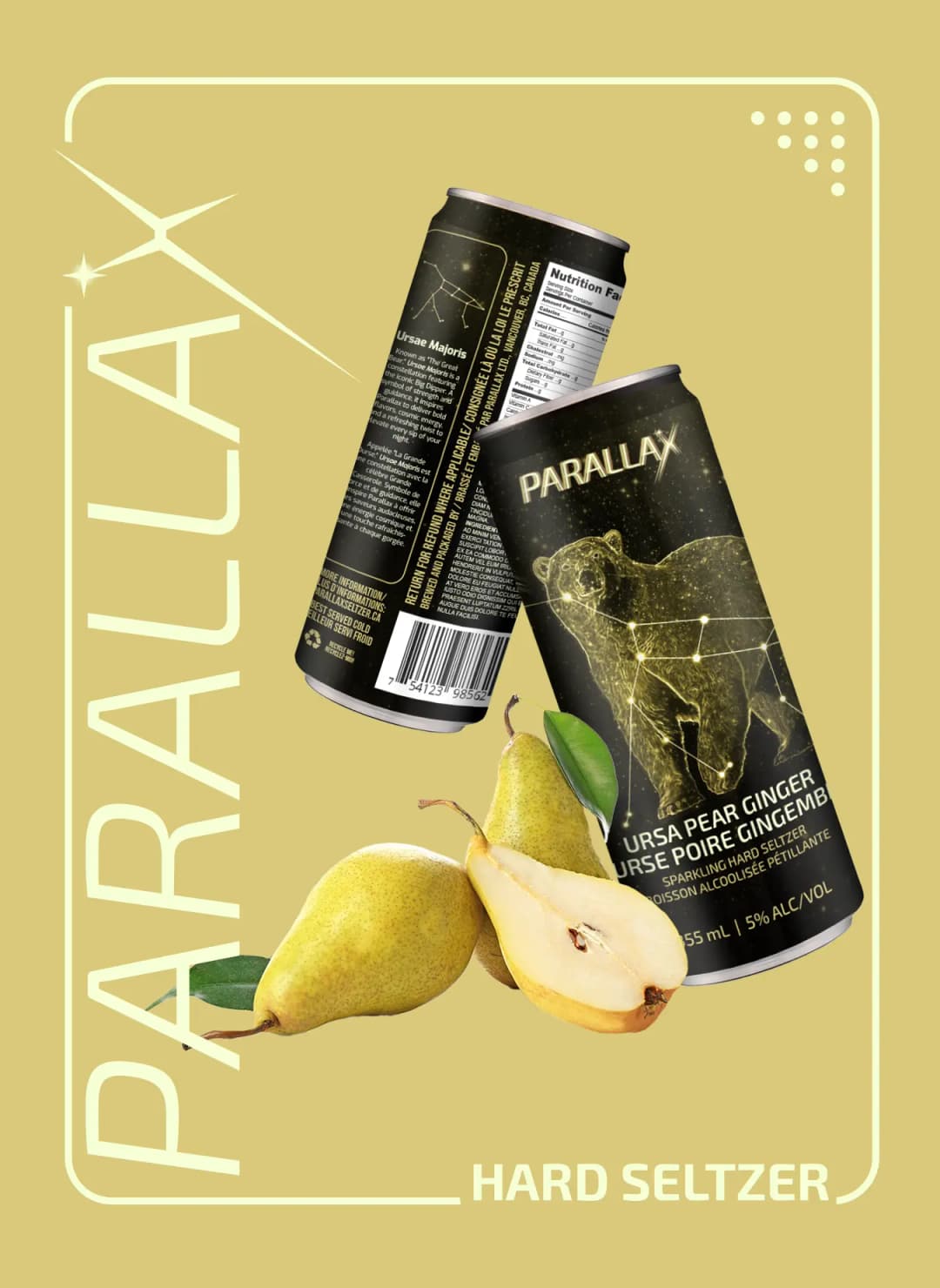 Poster of can mockup, muted yellow background with pears and two cans