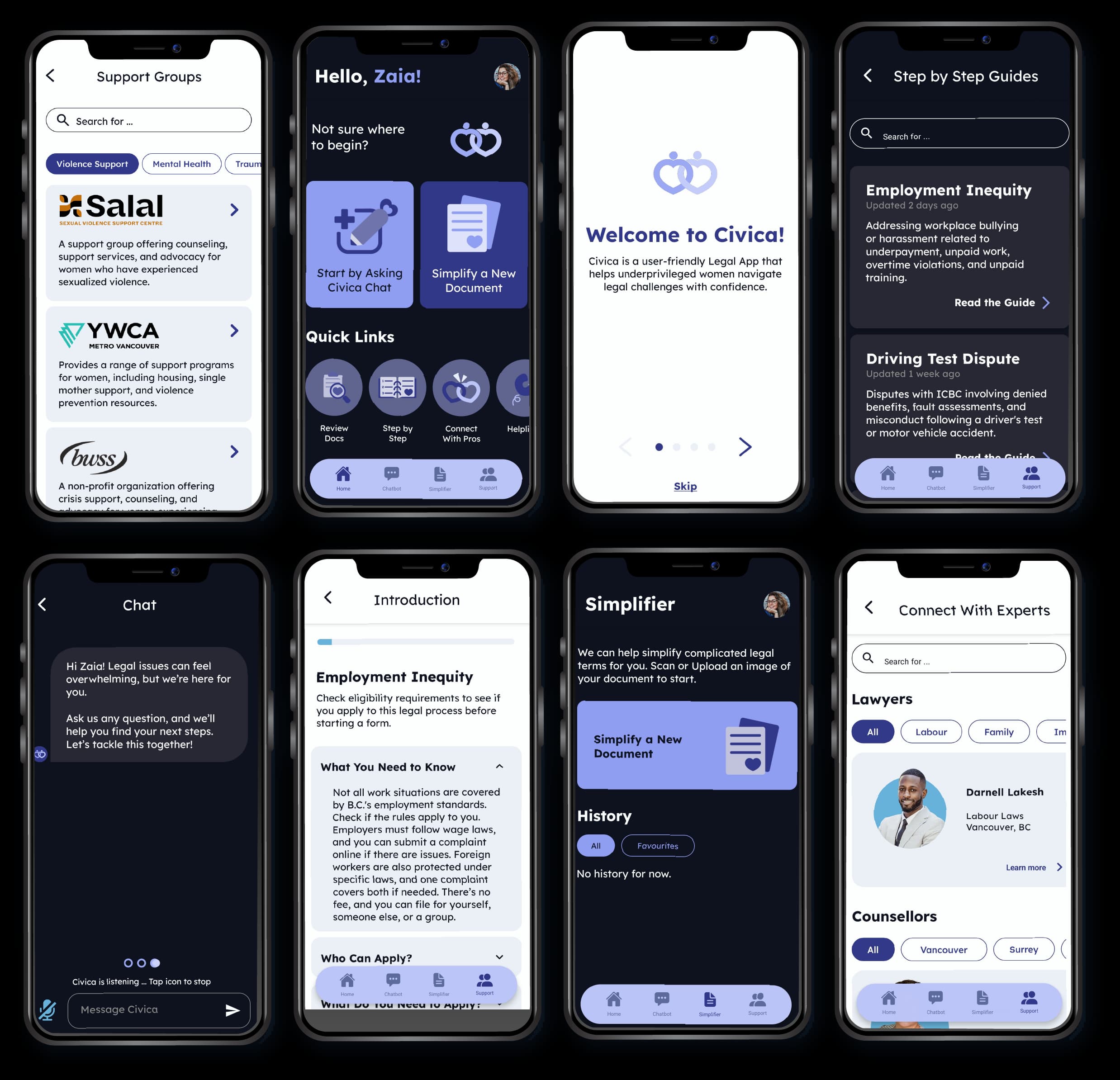 4x2 mockup of 8 phones showcasing different screens of     the Civica app