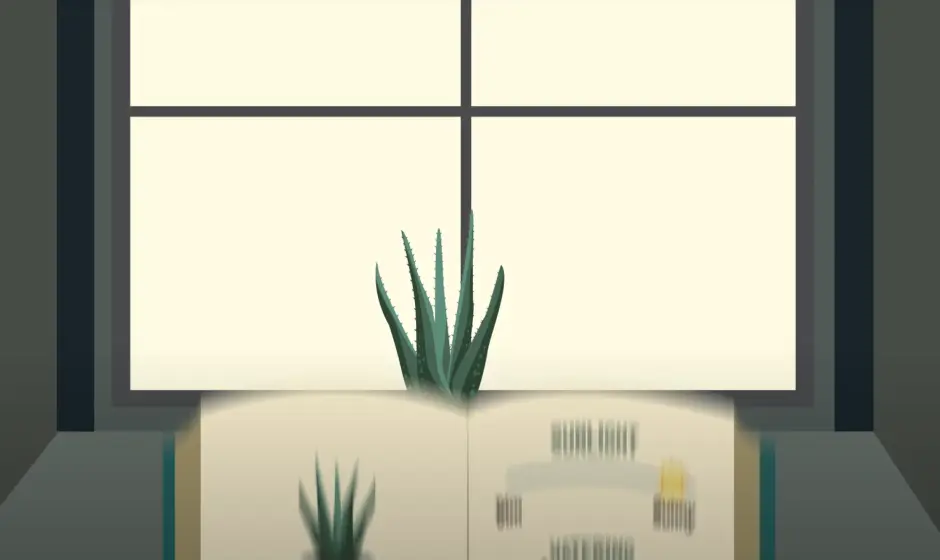 Finished vector of an aloe vera being watered with a yellow watering can in front of a window