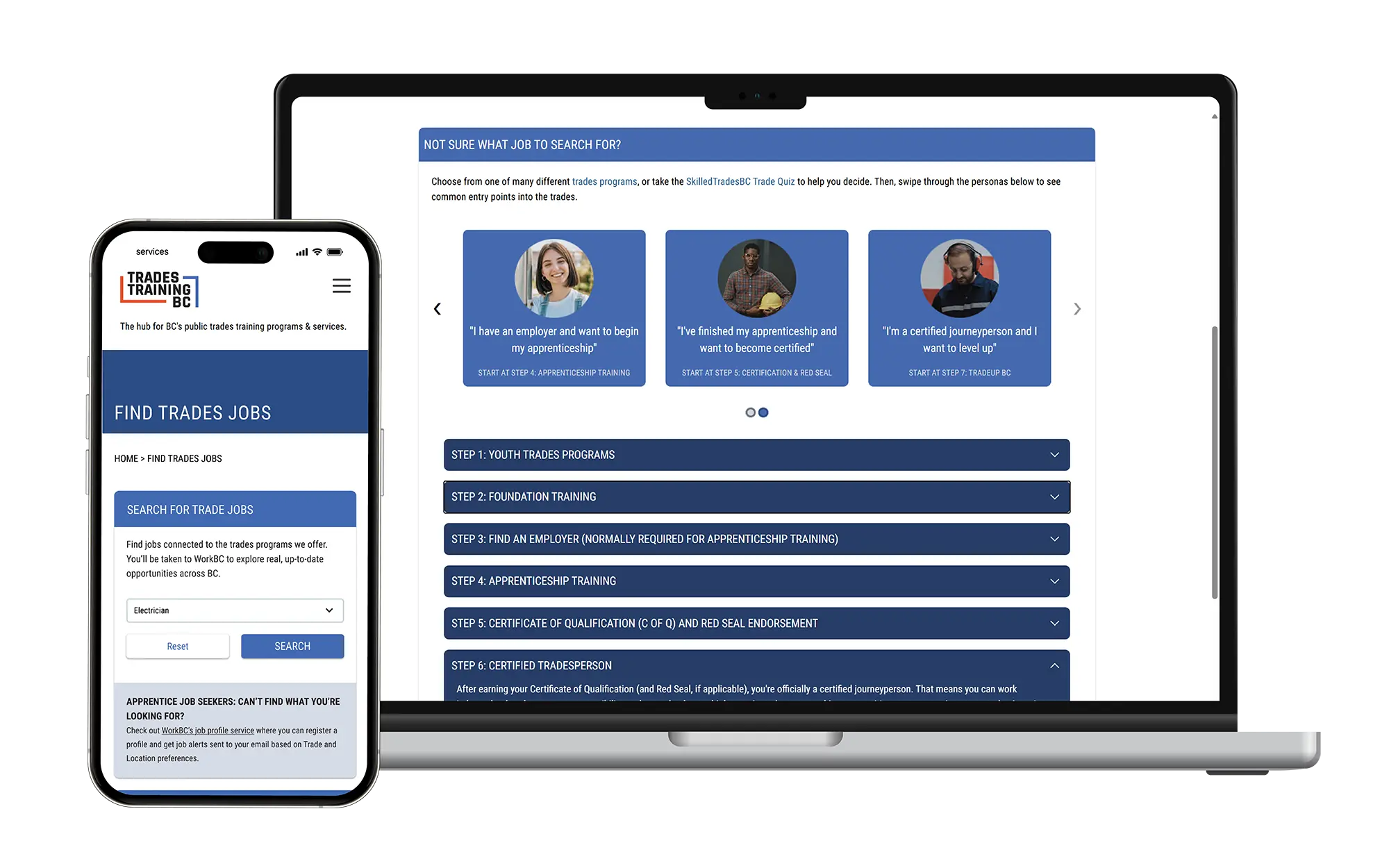 Search Trades Jobs webpage by Trades Training BC, displayed on mobile and desktop