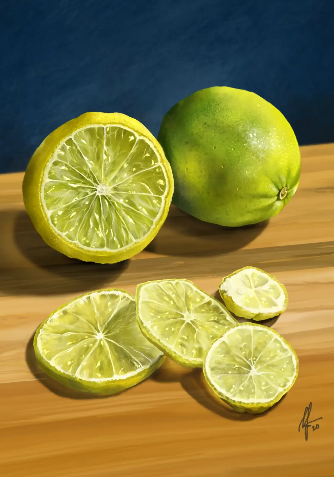 Observational study of limes, digitally painted to explore the internal and external textures of the fruit.