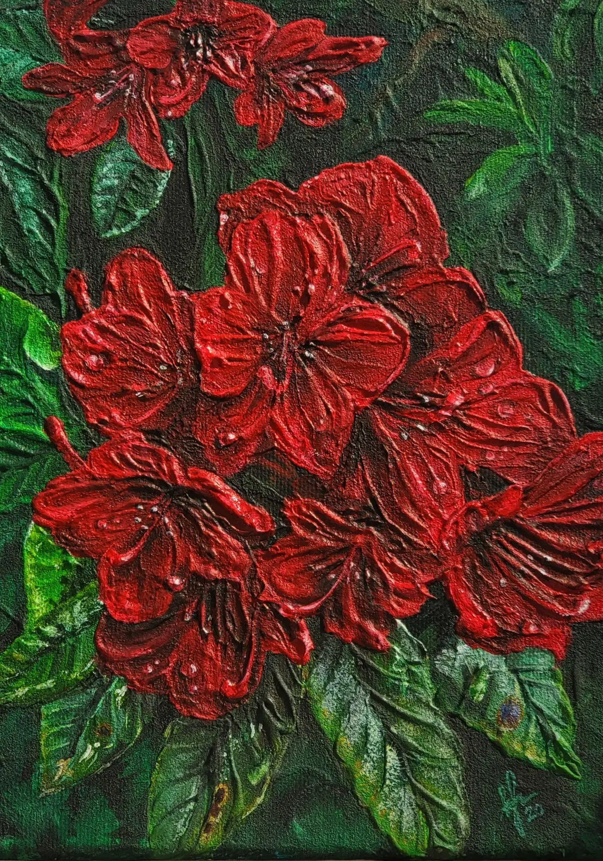 Painting of rhododendrons using acrylic paint and modelling paste for texture and depth.