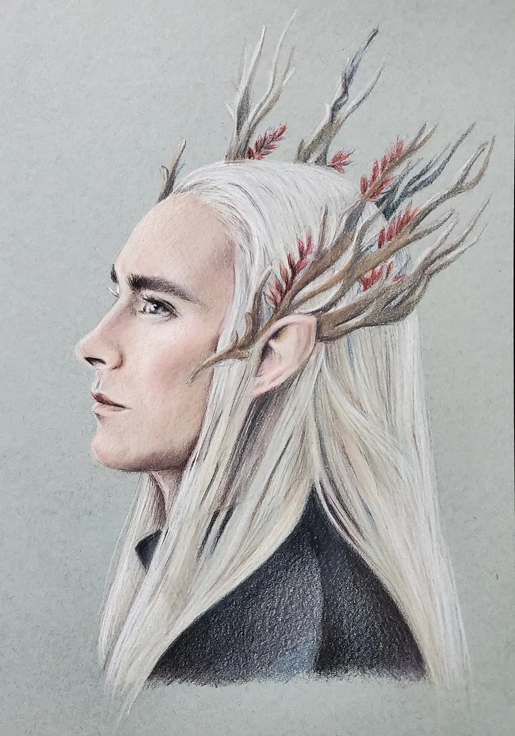 Portrait of Thranduil, the Elvenking from The Hobbit, drawn with coloured pencils on toned paper.