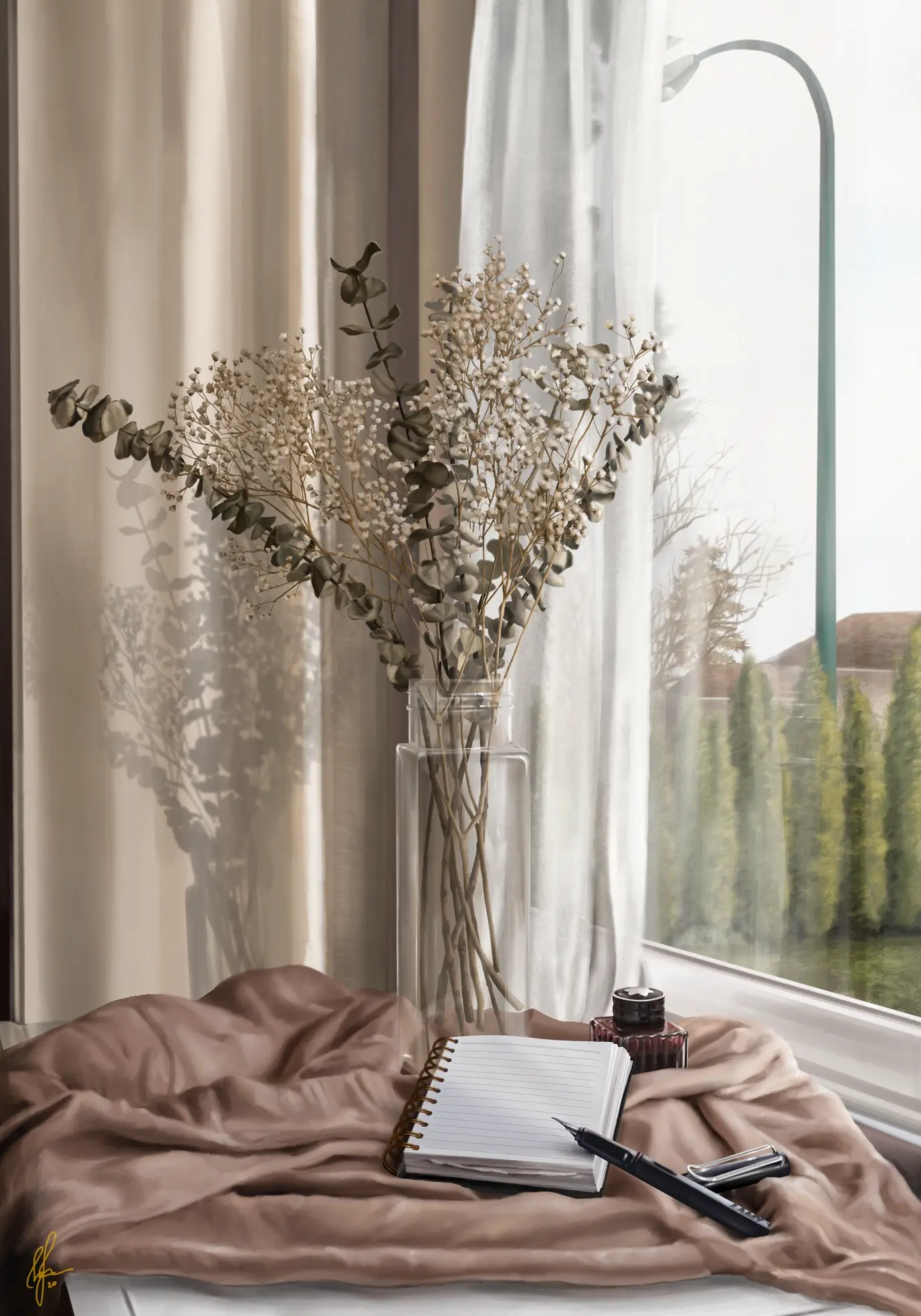 Observational study of writing instruments and dried flowers by a windowsill. This digital painting was intended to capture different textures, and the variable lighting cast by an east-facing window.