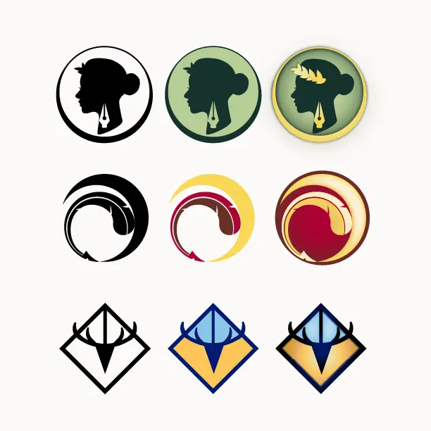 Three logo ideas in monochrome, full colour, and decorative variants